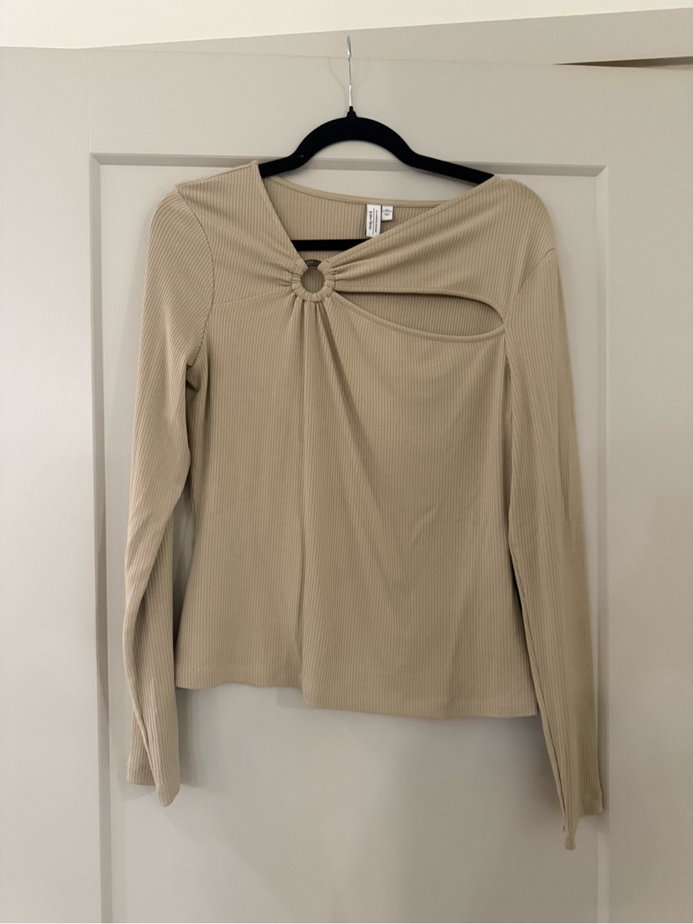 & Other Stories Beige Ribbed Long Sleeve Top with Ring Cutout